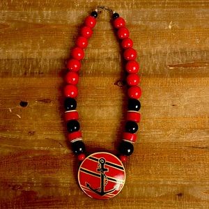 Unbranded Wooden Blue and Red Anchor Statement Necklace with Hook Clasp